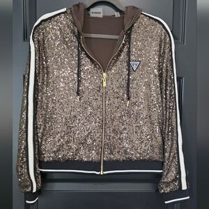 GUESS Metallic Bronze Sequin Zip Hoodie with Black Trim